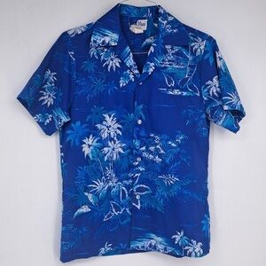 Vintage 60s Rai Nani Hawaii Small Tropical Blue Floral Shirt Surf Vacation USA